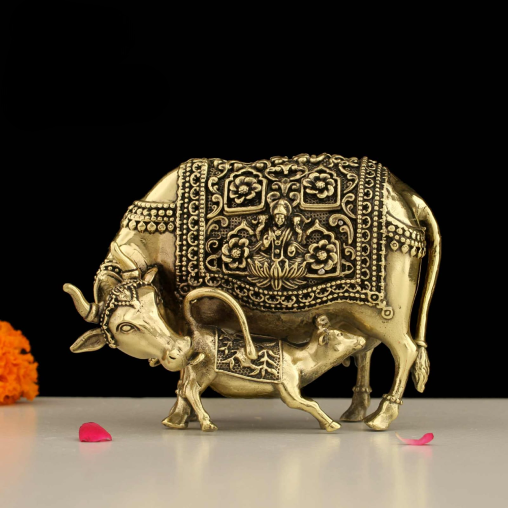 Premium Brass Kamdhenu Cow with Calf Idol | Gold Finish Pooja Showpiece