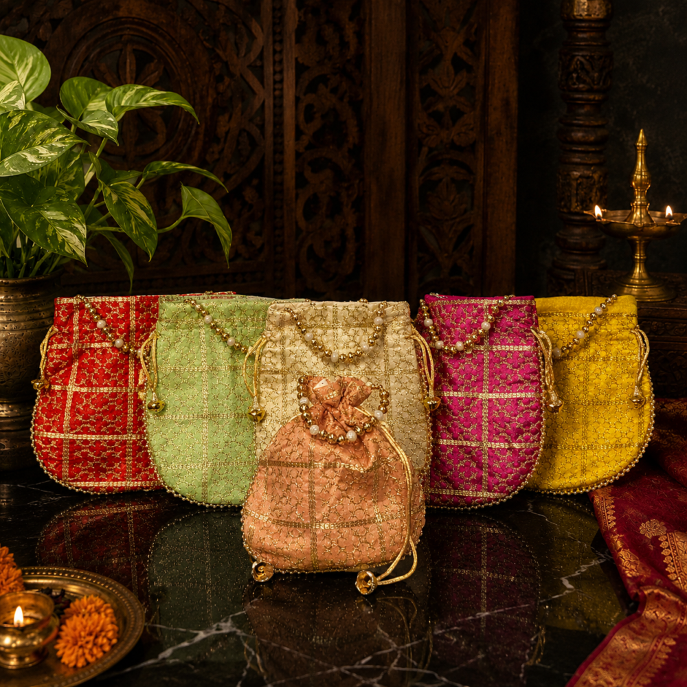 Silk Gold Embroidered Purse for Women – Ethnic Return Gift Party Bags