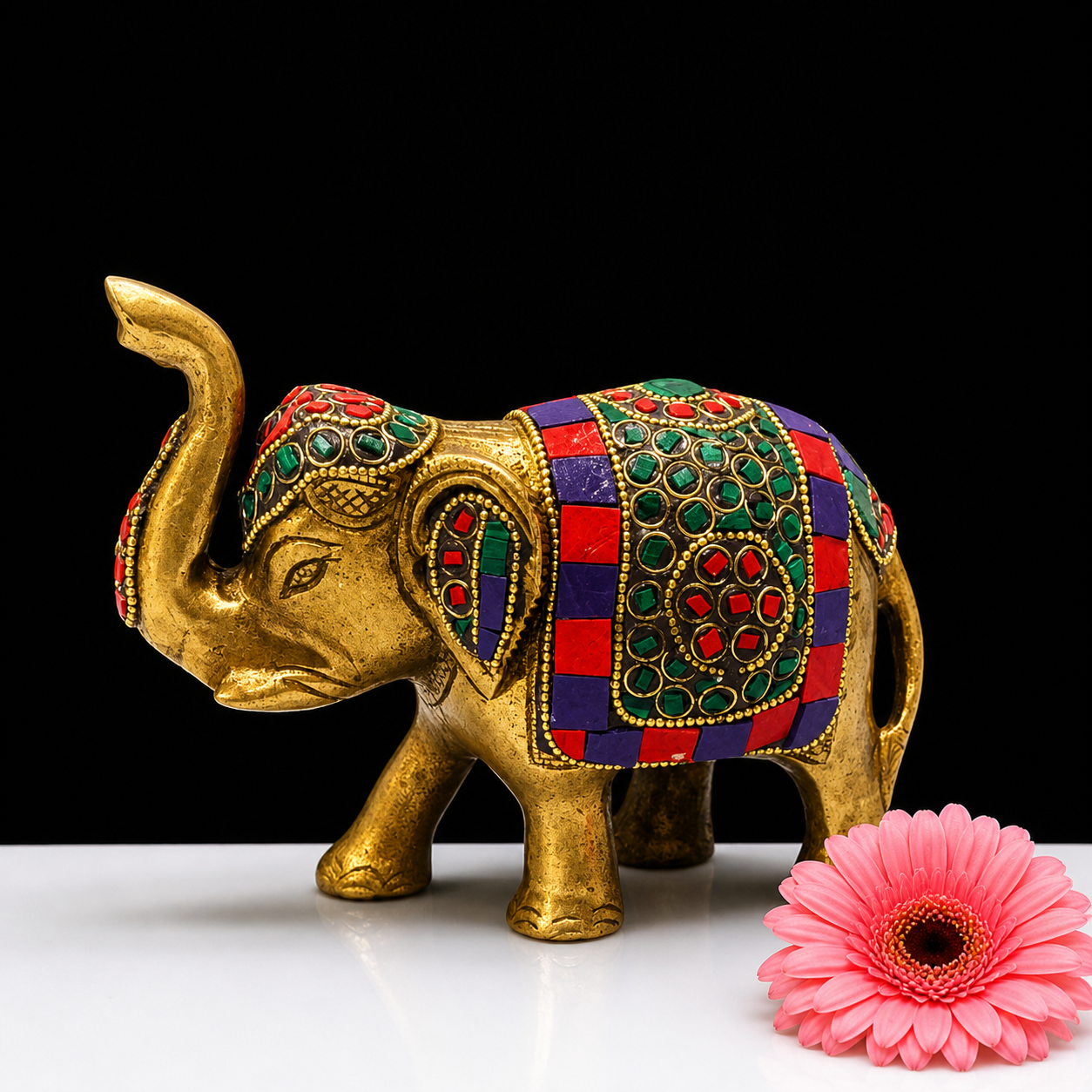 Brass Elephant Stone Idol 5 Inch for Home Decor, Pooja & Gifting