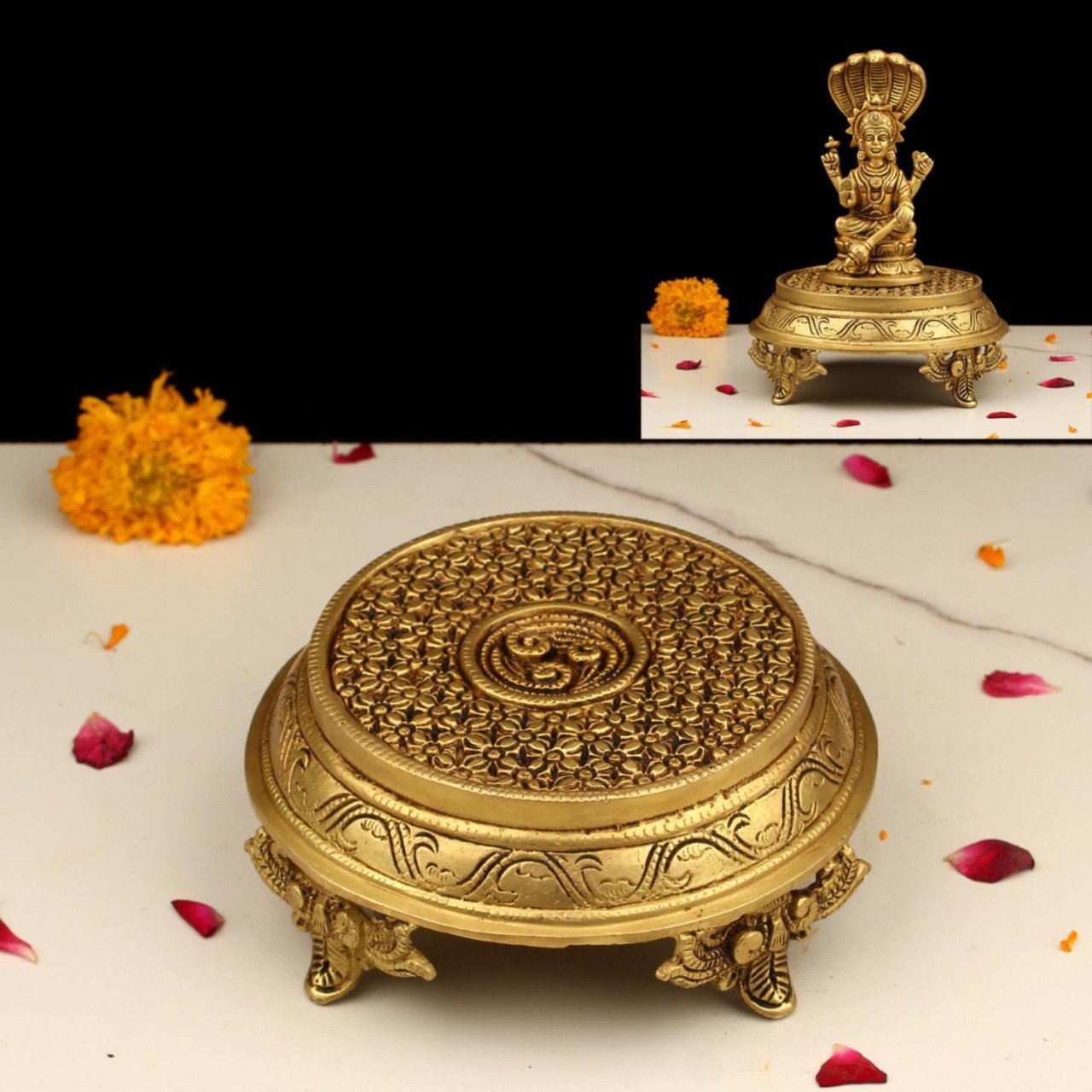 Brass Round Chowki 3 Inch Puja Stand for Idols & Kalash