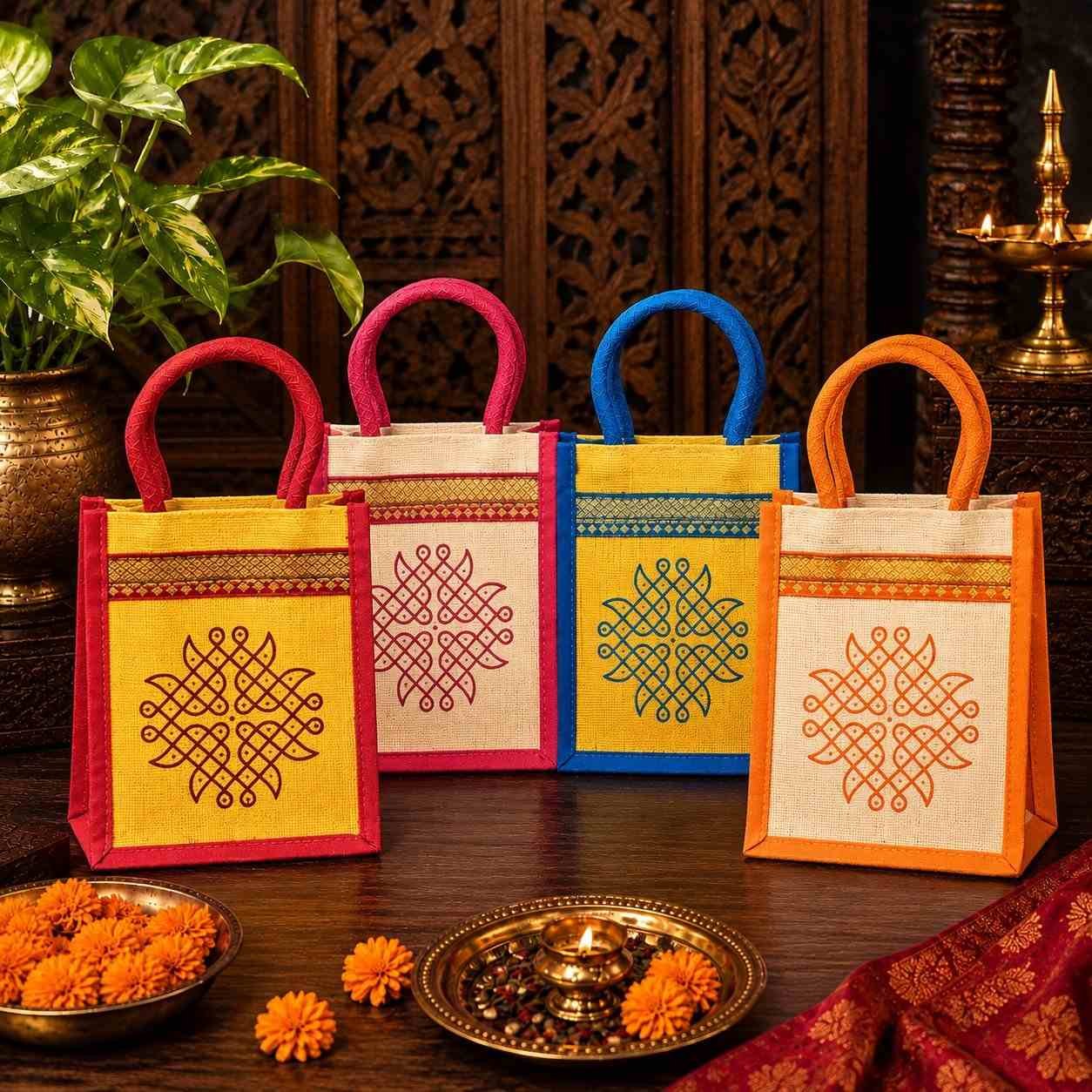 Traditional Kolam Printed Jute Bag – Eco-Friendly Assorted Return Gifts