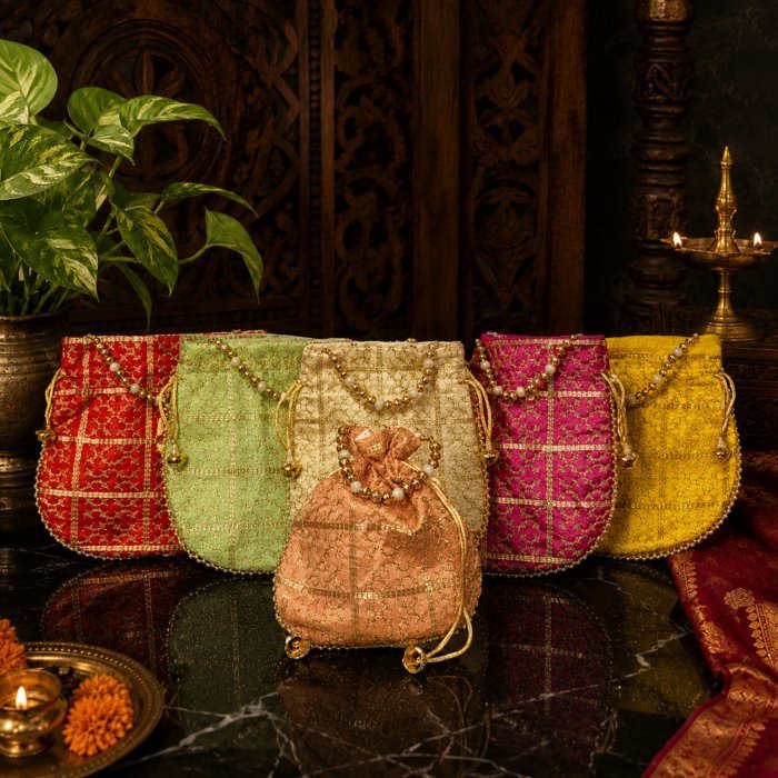 Silk Gold Embroidered Purse for Women – Ethnic Return Gift Party Bags