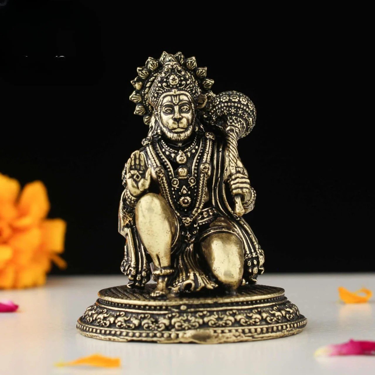 Brass Sitting Lord Hanuman Idol | 2.5 Inch Blessing Pose for Pooja & Gifts