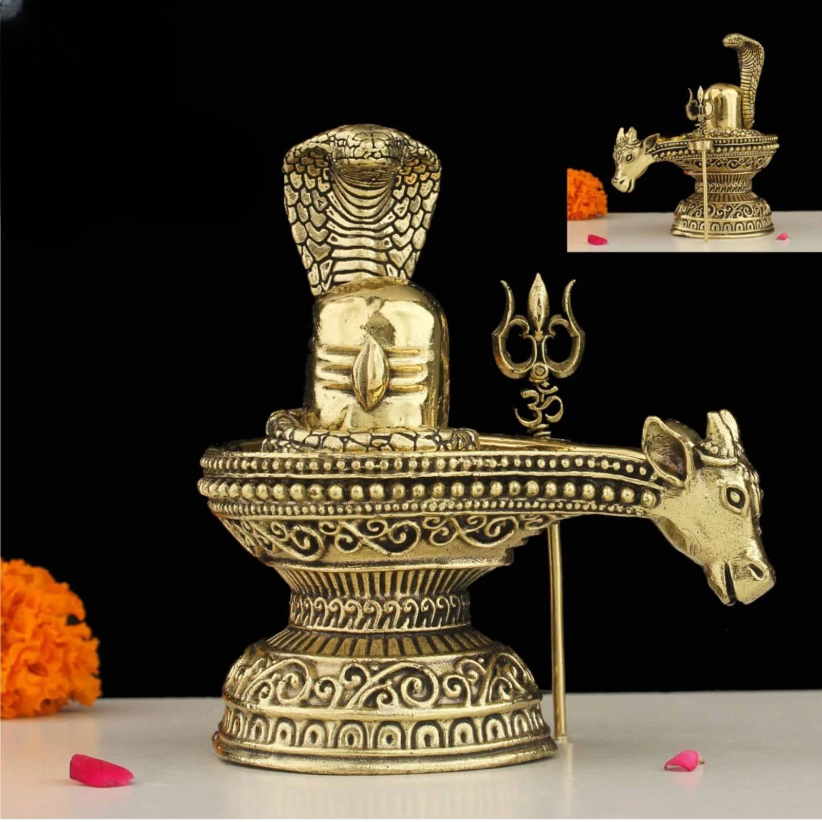 Brass Shiva Lingam with Nandi Idol | Golden Finish Pooja & Decor Figurin