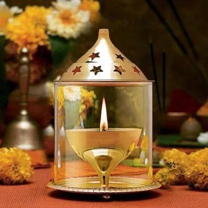 Akhand Jyot Brass Pooja Diya with Borosilicate Glass Cover | Temple Lamp