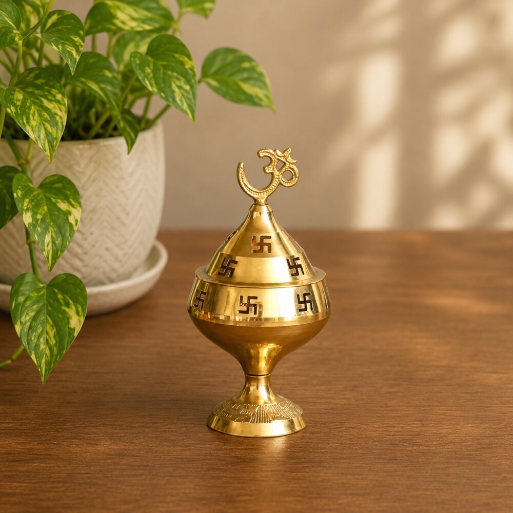 Brass Folding Om Swastik Diya with Open Cap | Pooja Oil Lamp Gift