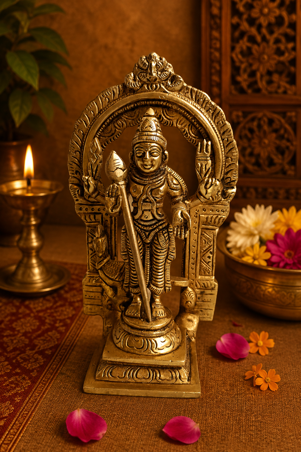 Brass Murugan Medium Size Statue with Peacock for Pooja & Decor