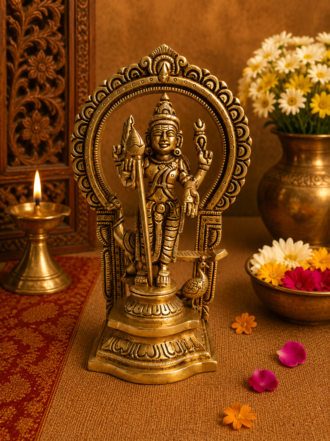 Brass Murugan With Peacock Statue for Pooja & Home Decor