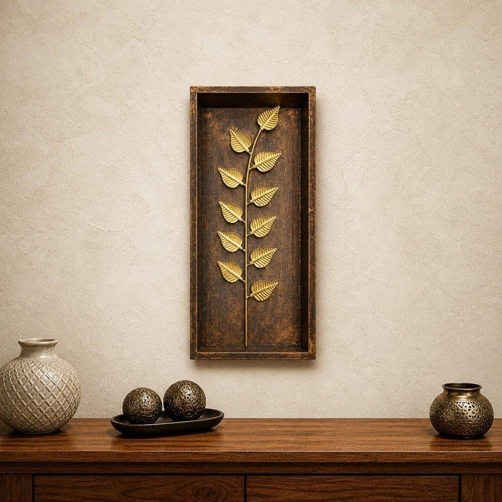 Iron Titan Leaf Wall Decor with Wooden Box Frame | Modern Wall Art