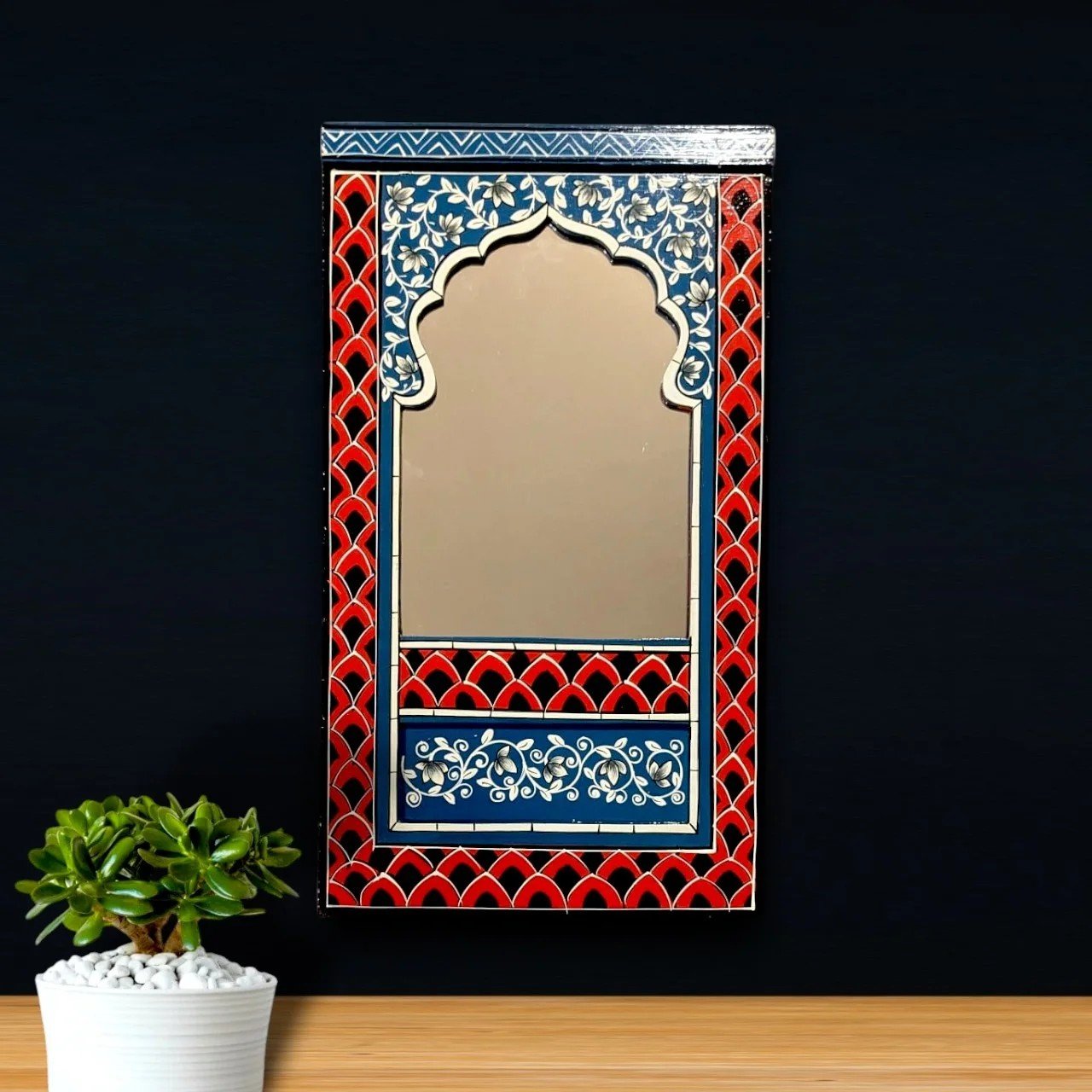 Handmade Mehrab Style Vintage Wall Mirror – Hand-Painted Wooden Frame