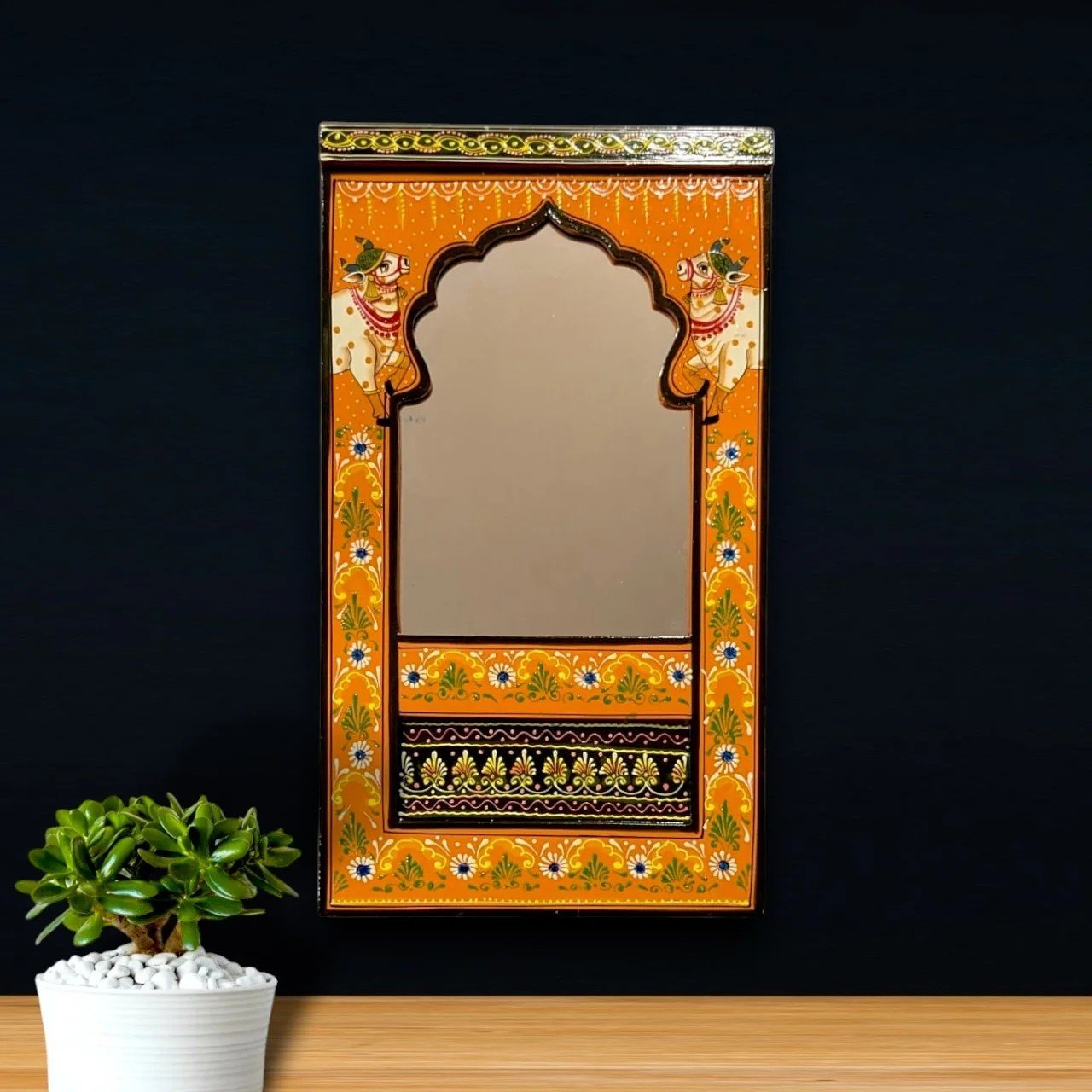 Handmade Mehrab Style Wooden Mirror – Vintage Floral Wall Decor
