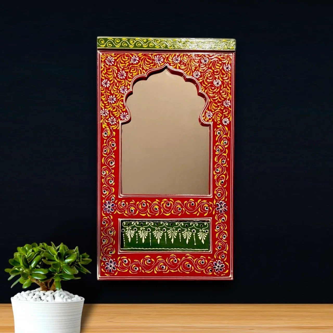 Vintage Hand-Painted Mehrab Style Wall Mirror – Wooden Frame Decor