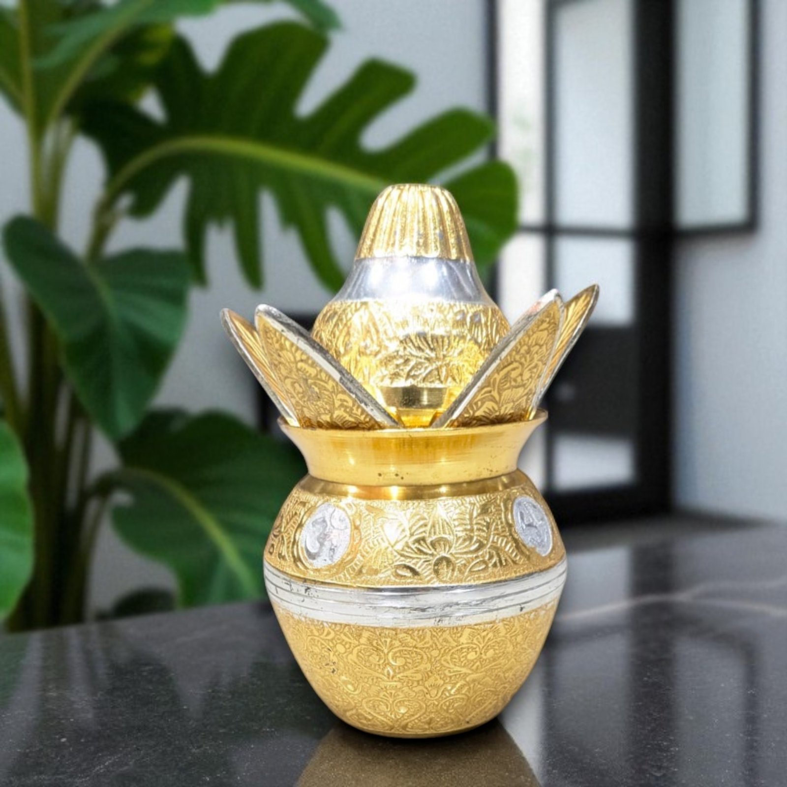 Pure Brass Polished Kalash 6 Inch with Silver Enamel Leaf & Coconut Design