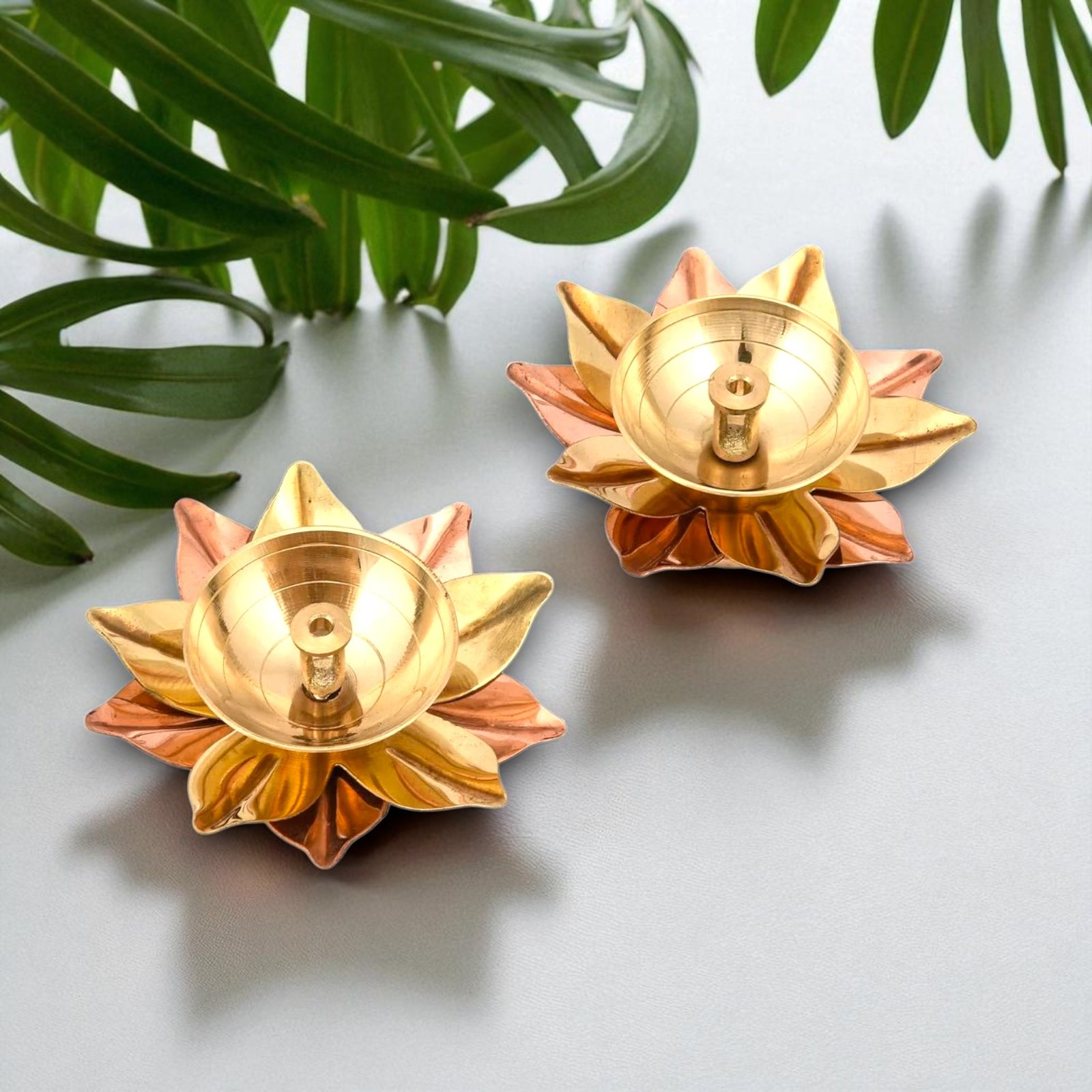 Copper Gold Lotus Diya Set of 2 | 3 Inch Decorative Oil Lamps