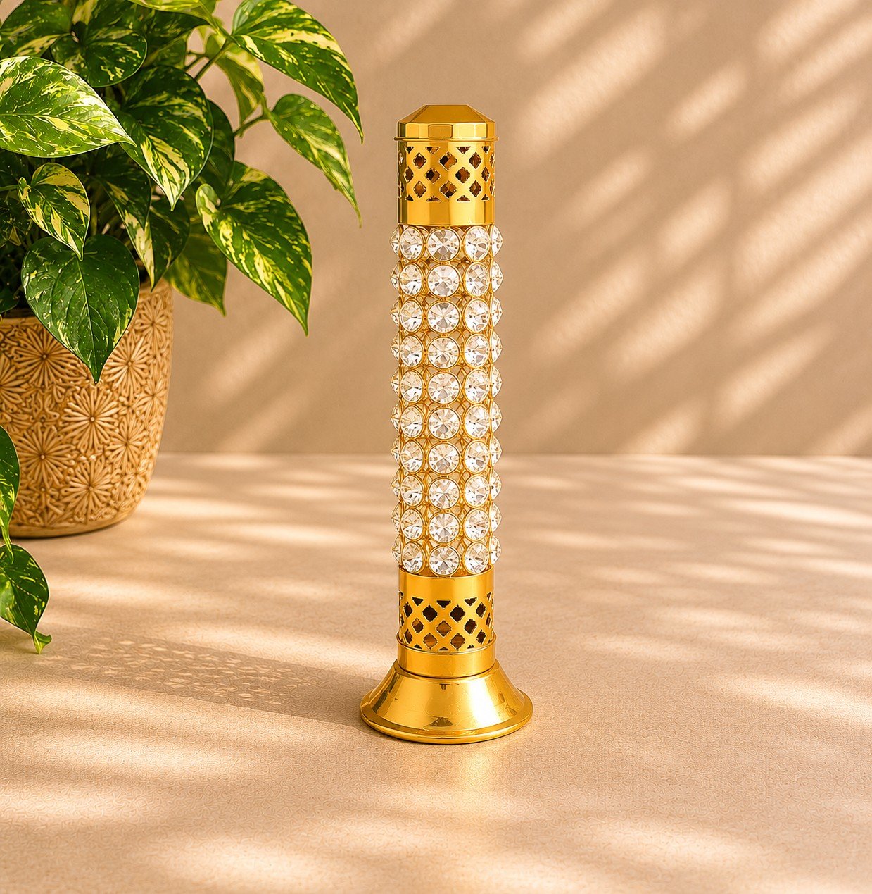 Brass Crystal Agarbatti Stand 25cm with Ash Catcher for Puja