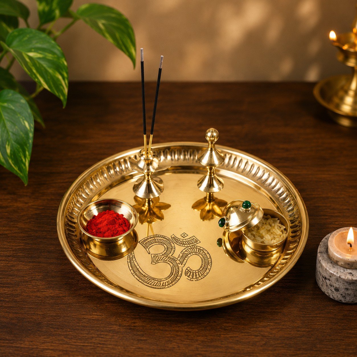 Om Engraved 8 Inch Pooja Thali Set with Diya, Kumkum Box & Stand