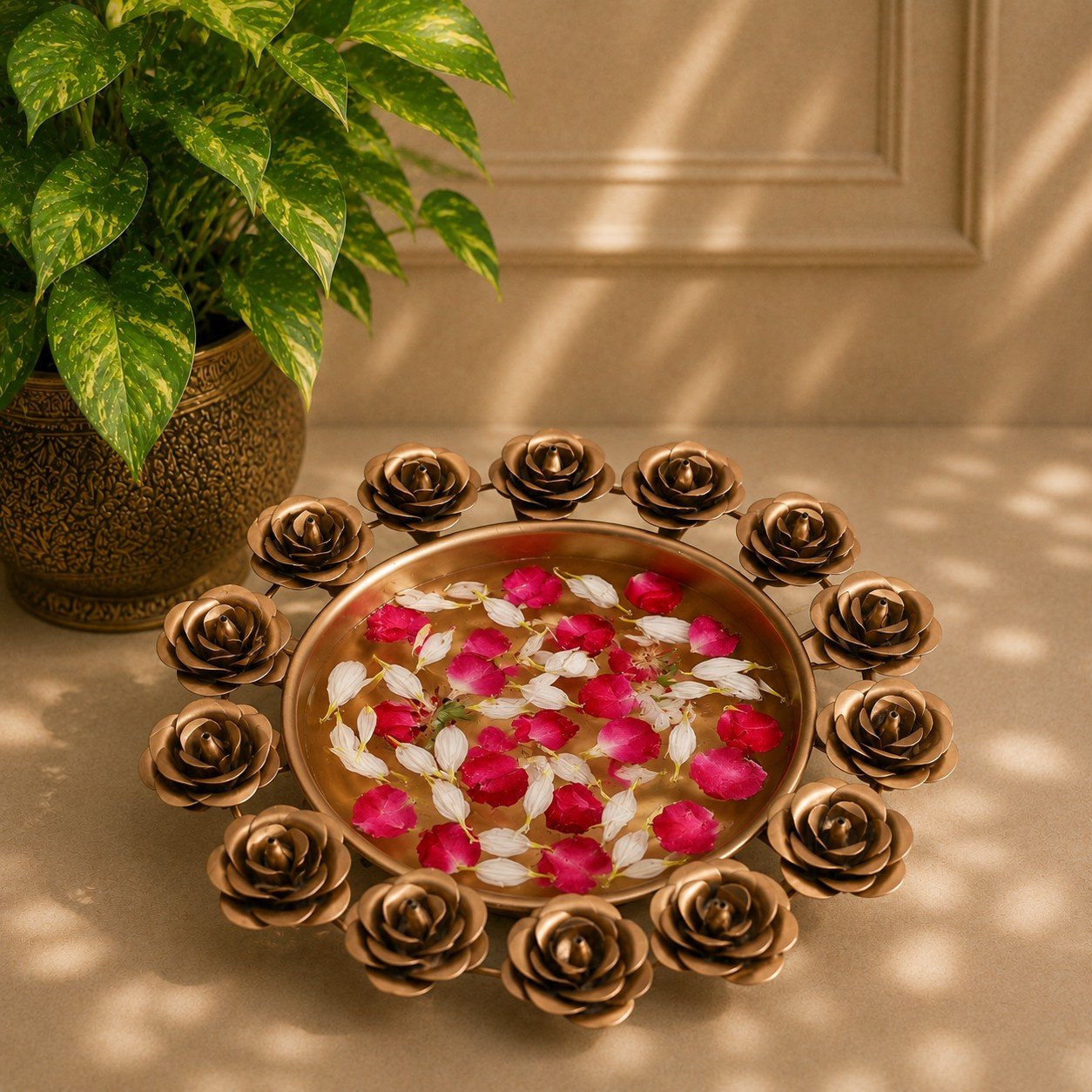 Rose Design Metal Urli Bowl 9 Inch | Decorative Flower Urli for Home Décor