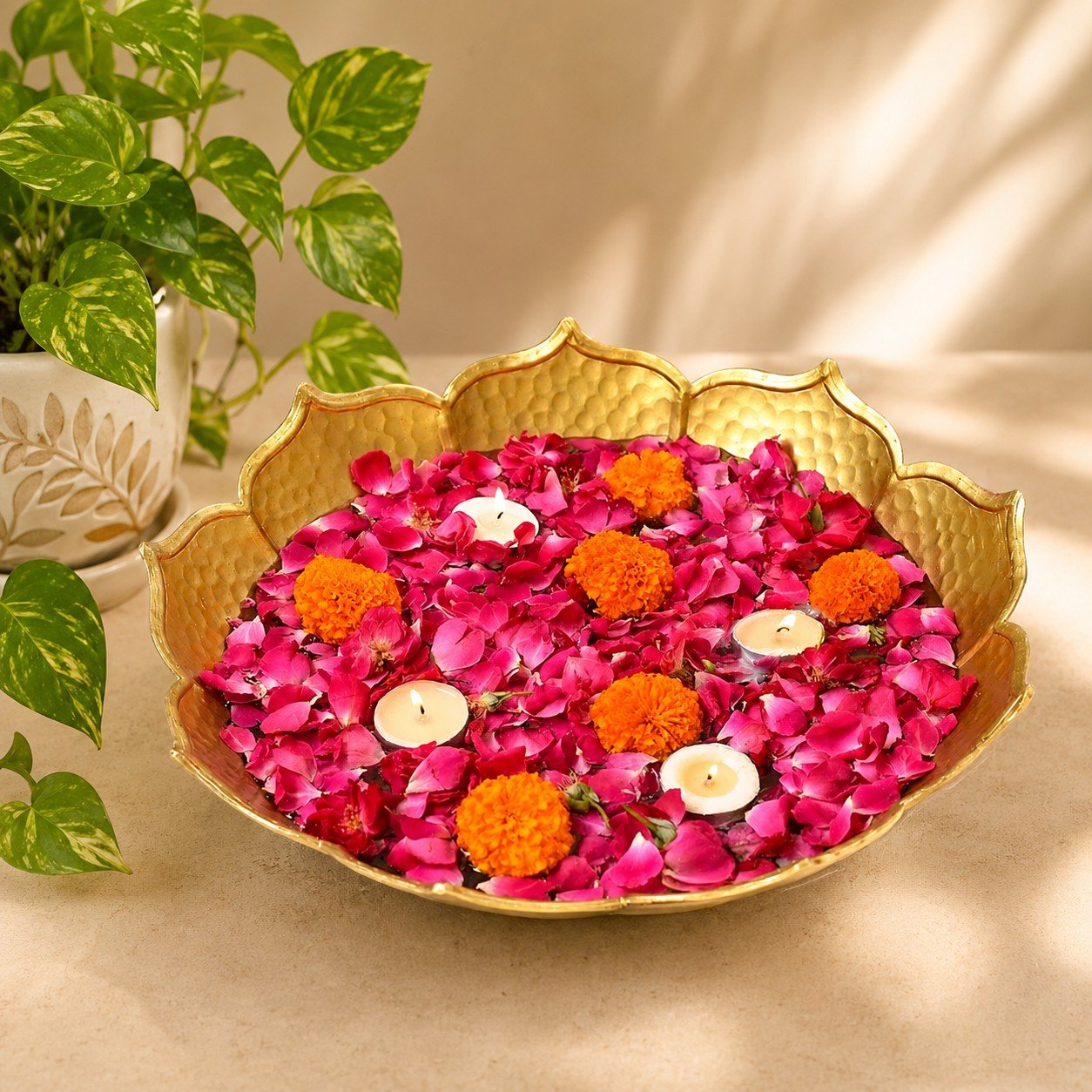 Decorative Metal Urli Bowl 10 Inch for Floating Flowers & Candles