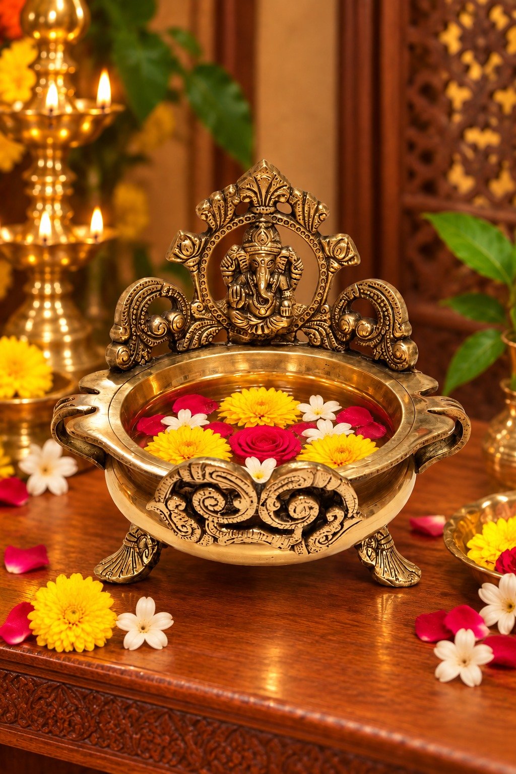 Brass Ganesha Uruli | Decorative Urli for Pooja & Home Decor