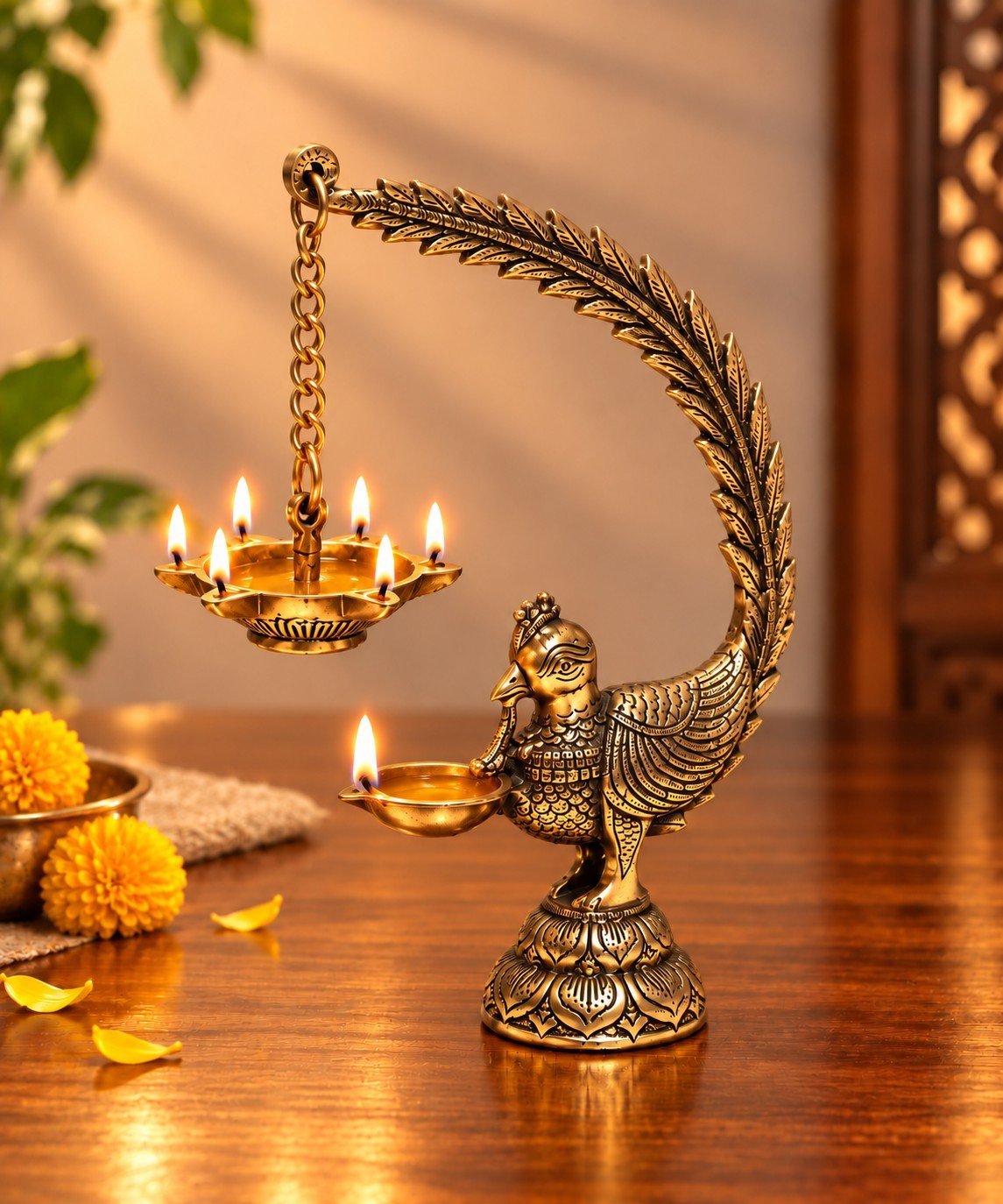 Brass Peacock 5 Face Vilakku | Traditional Pooja Lamp & Gift