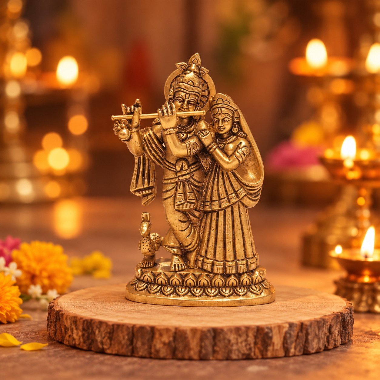 Brass Radha Krishna with Flute Idol | Pooja & Home Decor Gift
