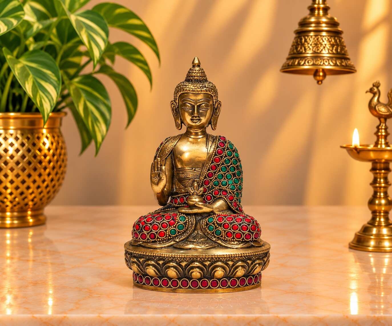 Brass Red Green Stone Buddha Idol | Big Size Home Decor Gift