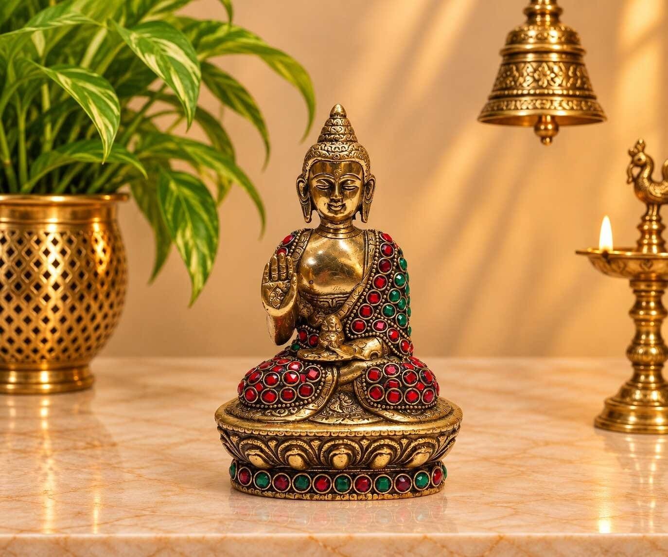 Brass Buddha Idol with Red & Green Stone Work | Home Decor Gift