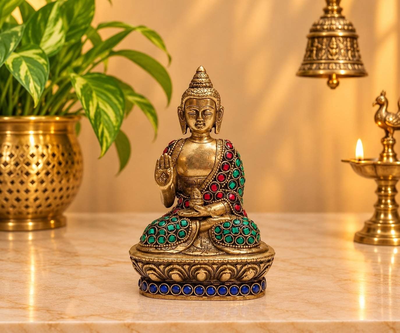 Brass Stonework Buddha Idol | Home Decor, Pooja & Gift
