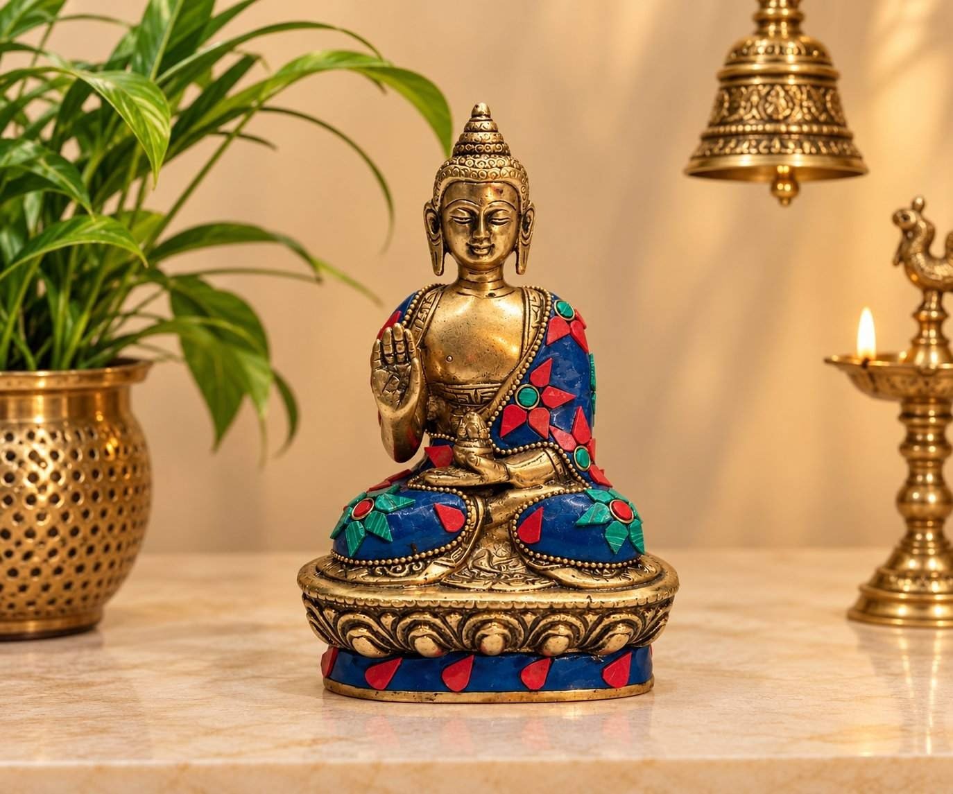 Brass Floral Design Buddha Idol for Home Decor & Gifting