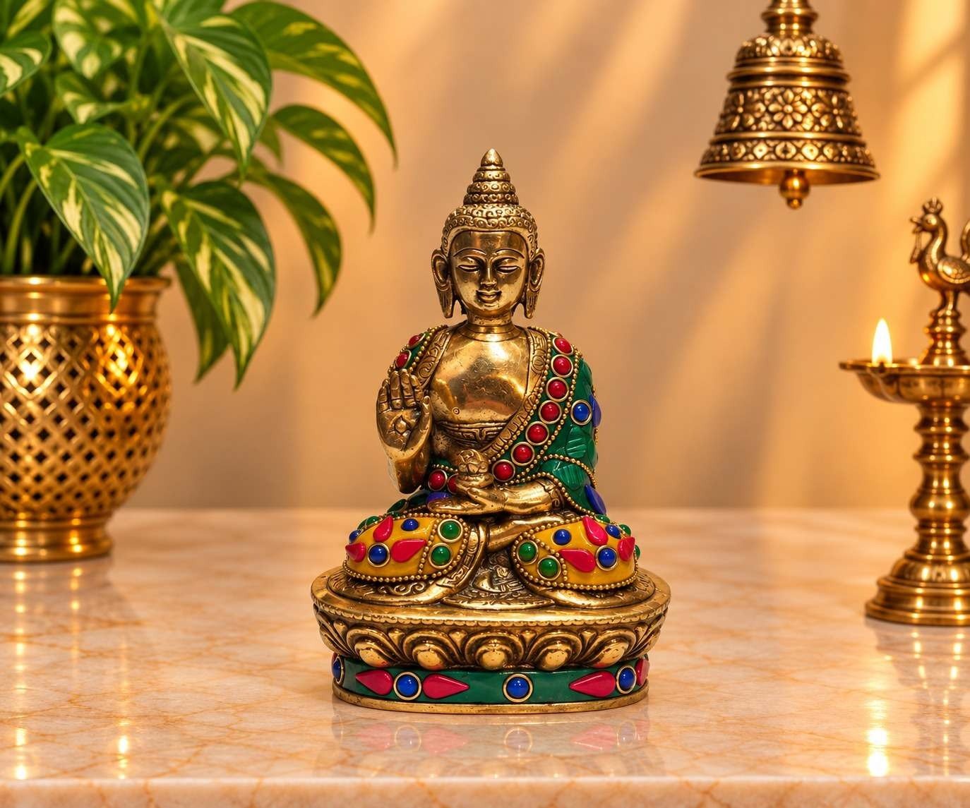 Brass Floral Buddha Statue with Red Stone for Home Decor & Gift