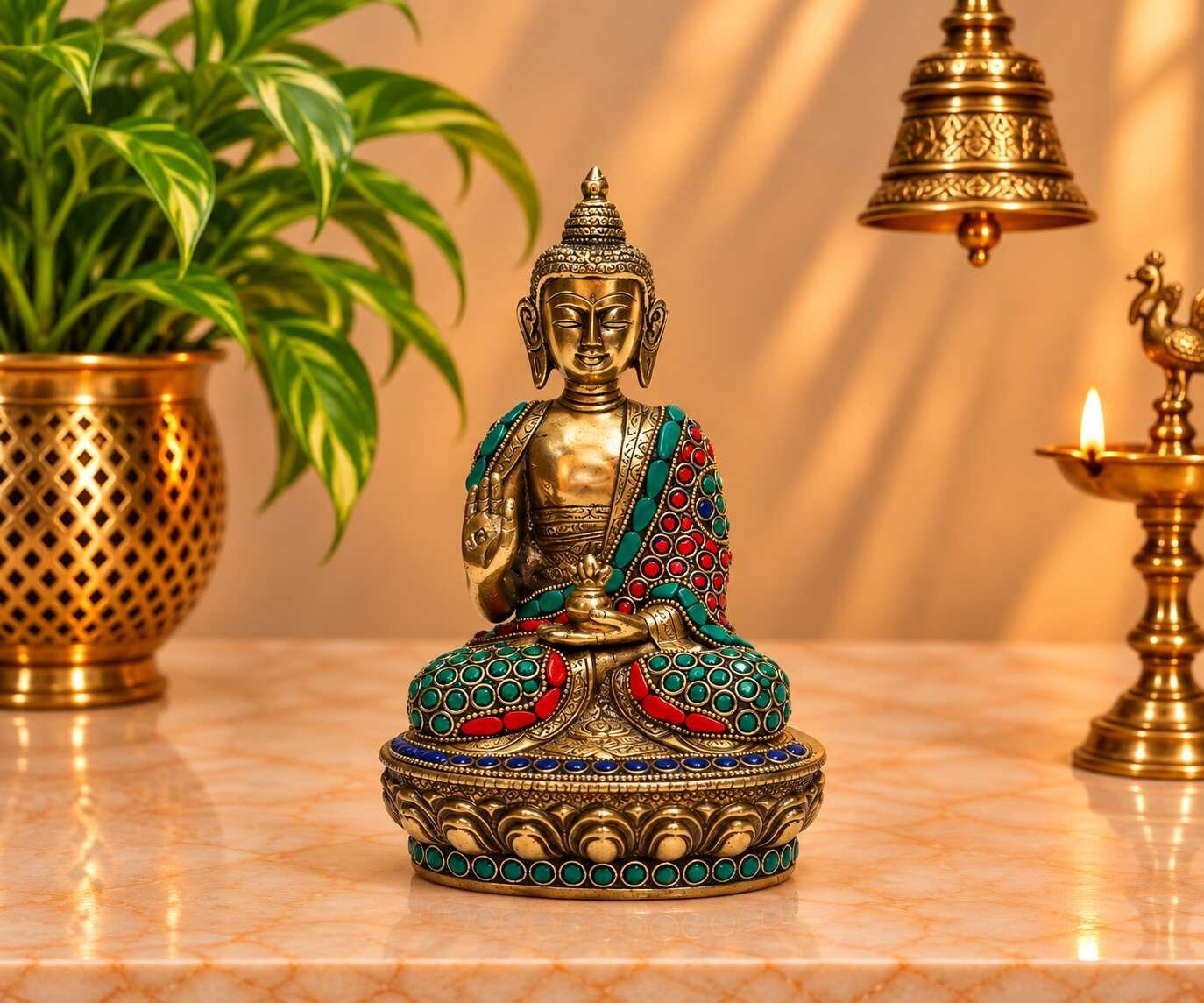 Brass Stone Buddha Idol Green Floral | Home Decor & Gifting