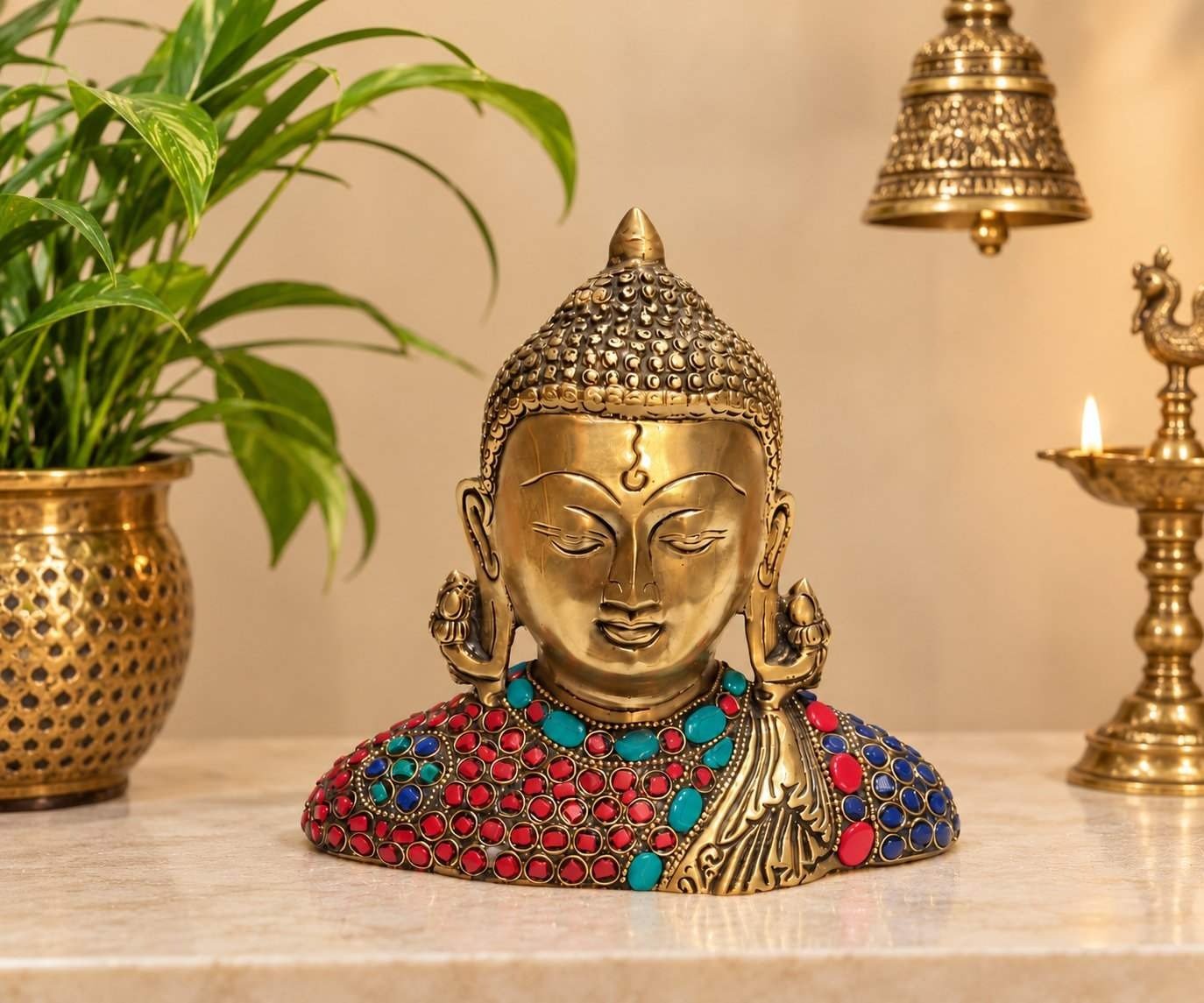 Brass Stone Buddha Idol Red & Green | Home Decor & Gift