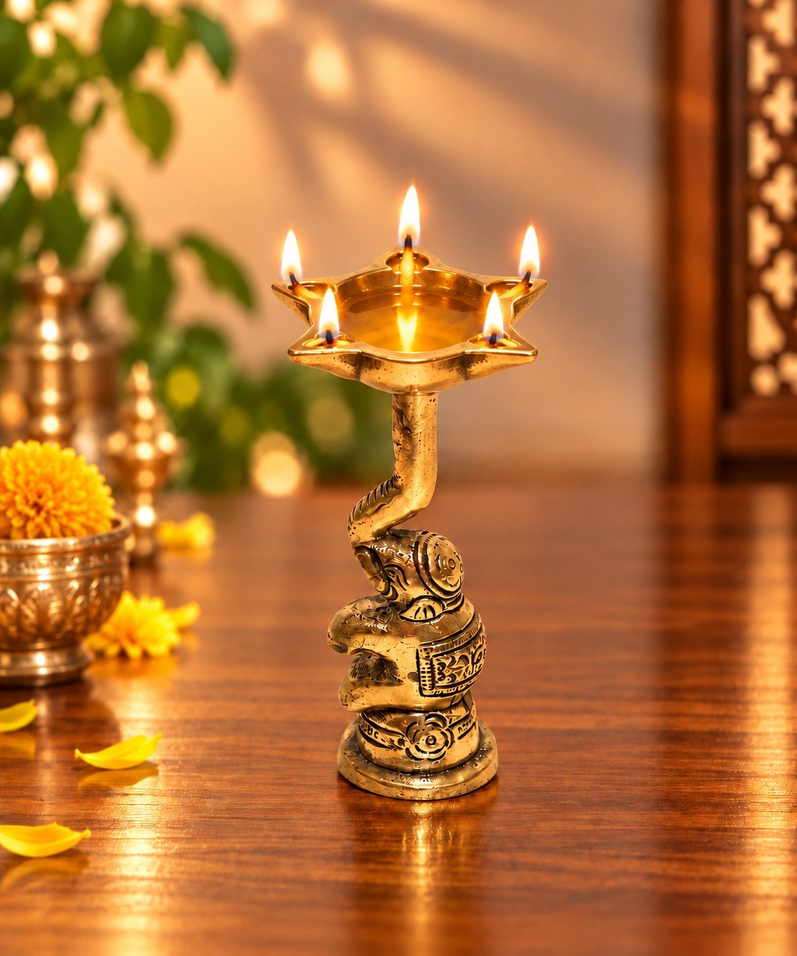 Brass 5 Face Elephant Lamp | Traditional Pooja Diya Decor