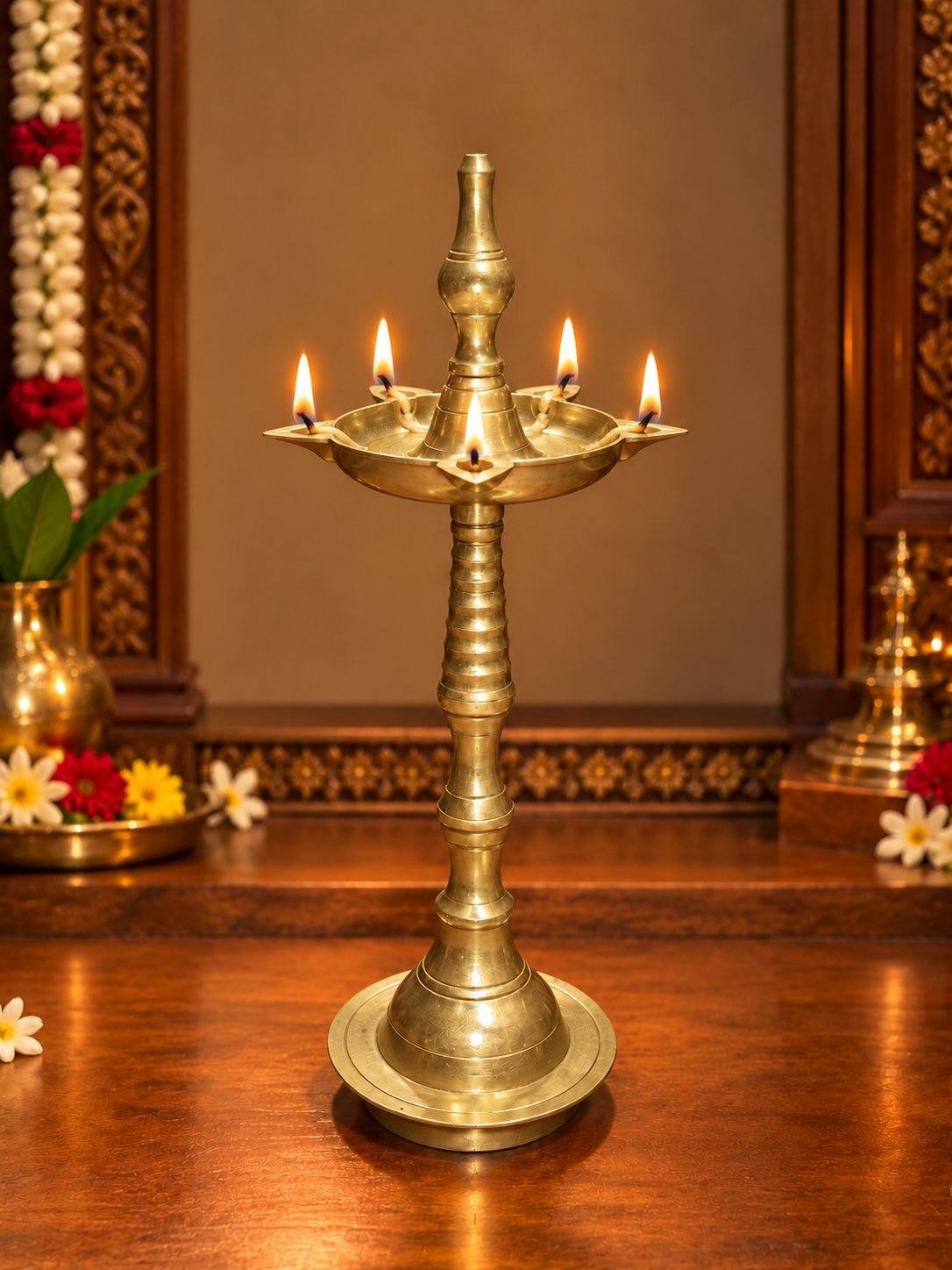Traditional Brass 5 Face Nilavilakku | Standing Pooja Oil Lamp