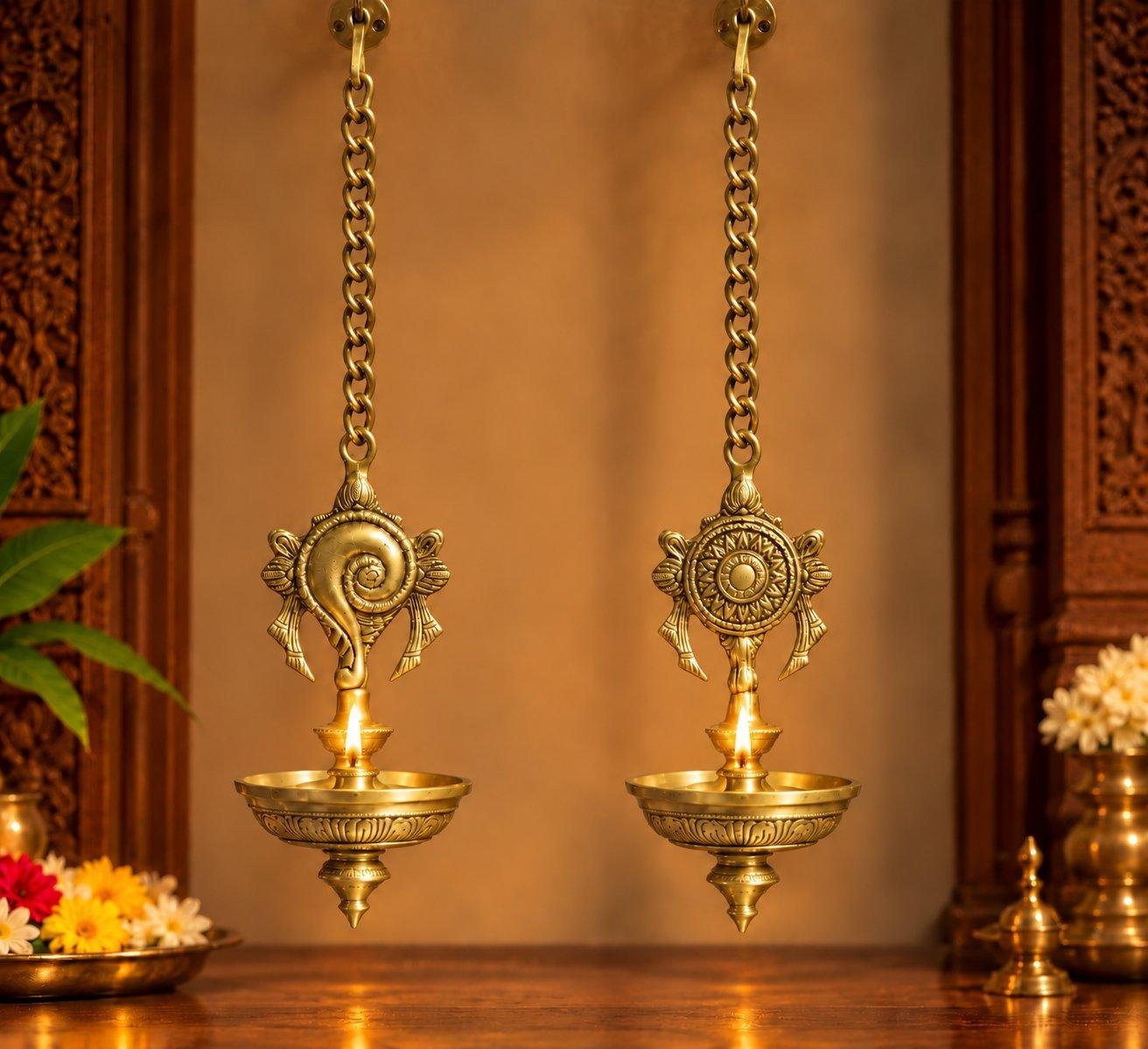 Brass Hanging Diya Lamp Set of 2 | Shankh Chakra Pooja Deepam