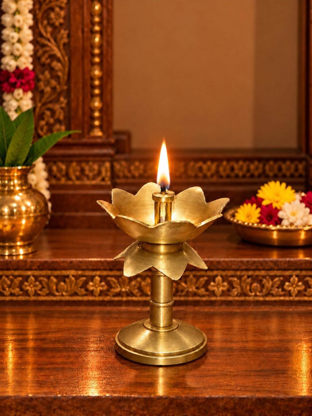 Brass Lotus Diya Lamp | Traditional Standing Pooja Deepam
