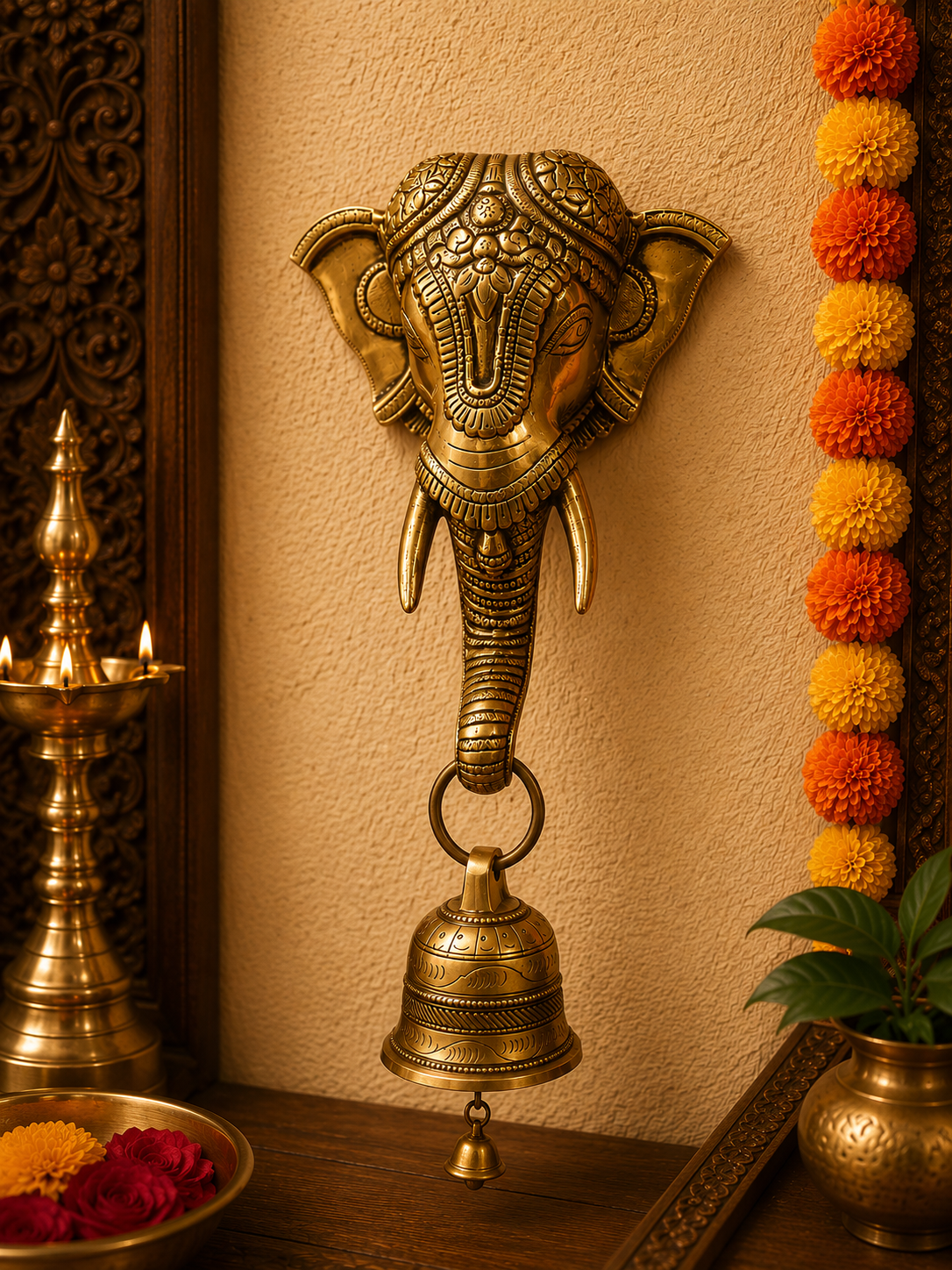 Brass Vinayagar Elephant Hanging Bell for Wall & Pooja Decor