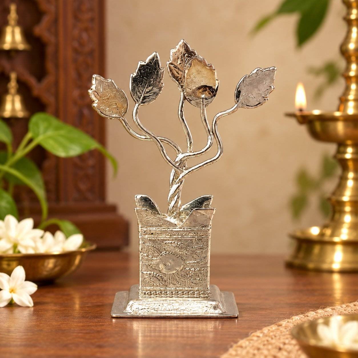 German Silver Tulasi Maadam | Traditional Pooja Decor & Gift Item