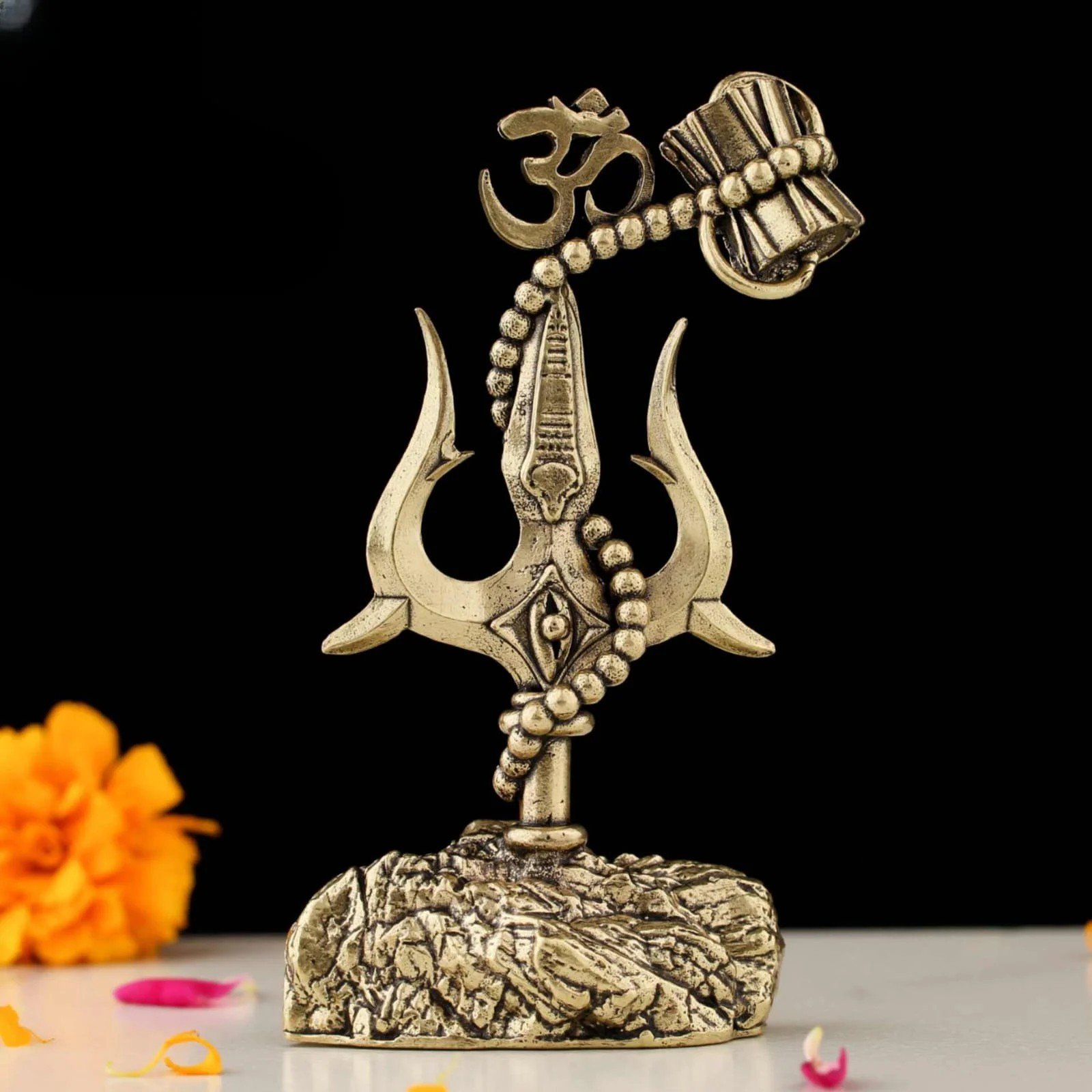 Brass Trishul with Om & Damru | Golden Shiva Symbol for Pooja & Decor