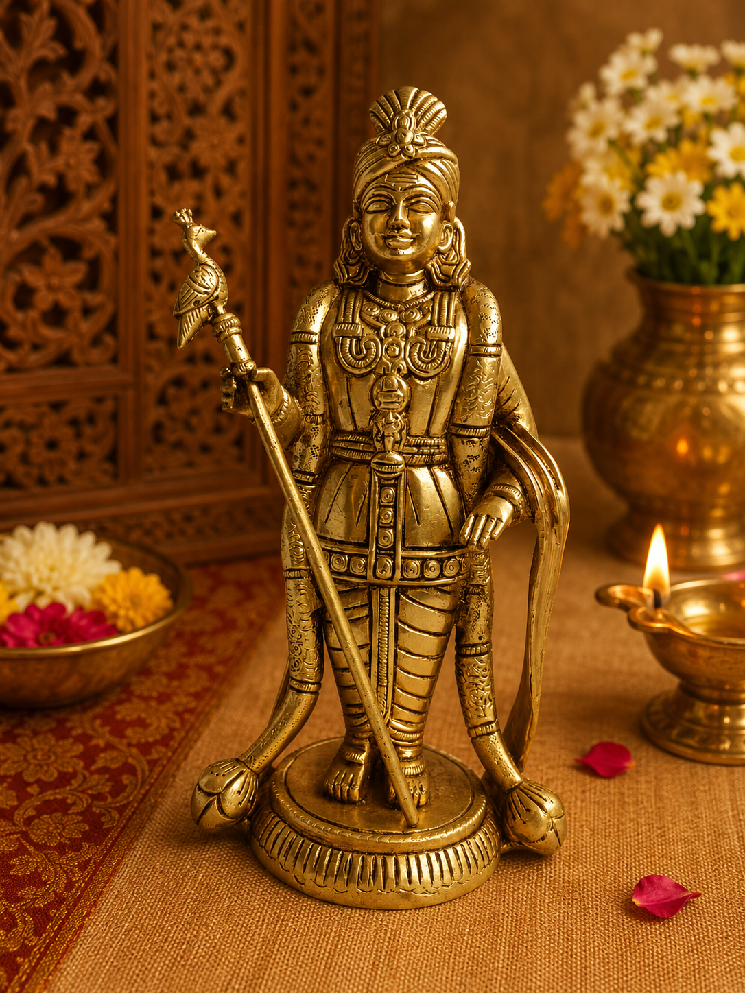 Brass Murugan With Peacock Vel Statue for Pooja & Home Decor