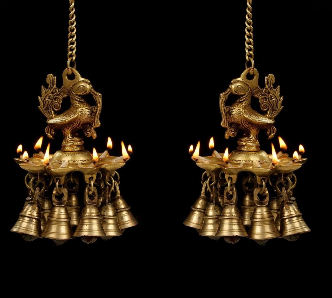 Brass Peacock Hanging Lamp with Bell – Traditional Pooja Décor (1 piece)