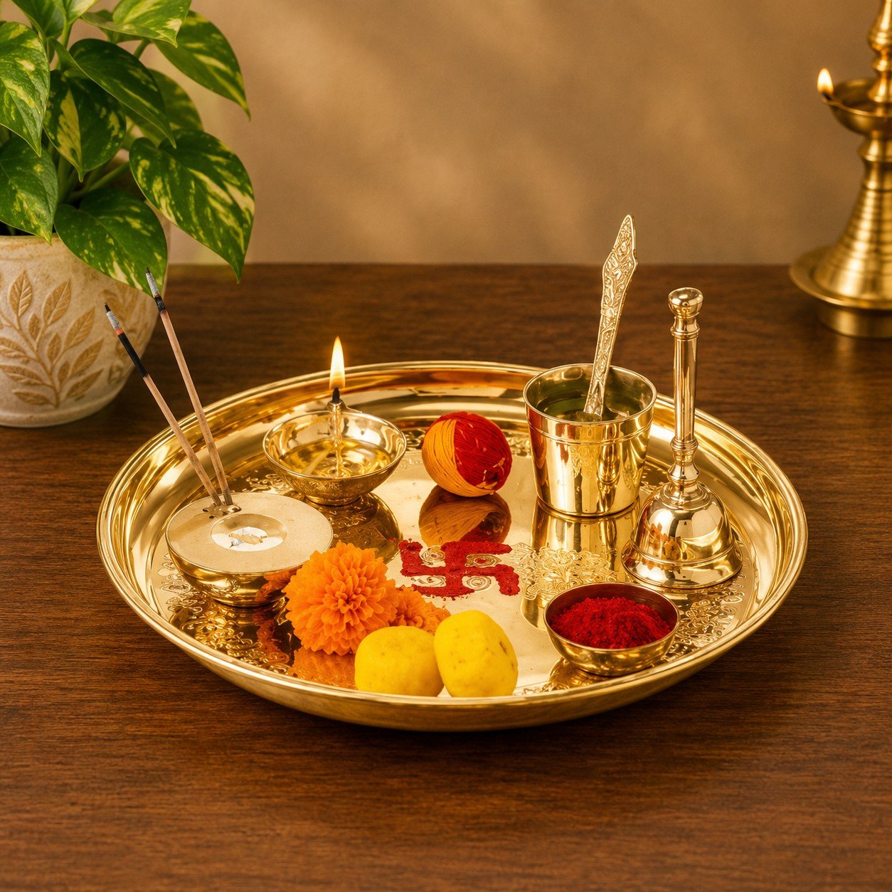 10 Inch Pooja Thali Set with Diya, Ghanti, Katori & Agarbatti Holder